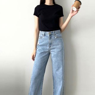 Quần Jeans Nữ Lưng Cao Ống Suông Rộng Màu Xanh Sáng Wash Bạc L-02E