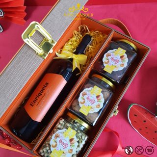 Hộp quà Tết - Hộp da kèm Rượu vang và 3 hủ hạt mứt Tết dưới 1tr