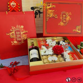 Hộp quà Tết Thịnh Phát kèm Rượu vang đỏ Pháp Château Rousset Caillau 2019