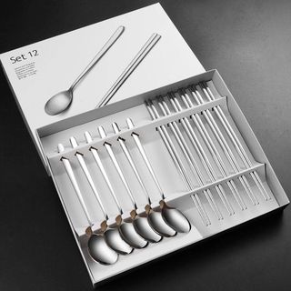 Set 12 đũa thìa inox Bộ Đồ Dùng Thìa và Đũa dùng Cho Gia Đình, Văn Phòng, Dã Ngoại, Cá Nhân Có Hộp Đựng
