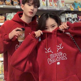 Áo khoác hoodie đỏ Noel Unisex form rộng hoạ tiết merry christmas, chất nỉ bông mềm mịn dỏm rộng dưới 70kg