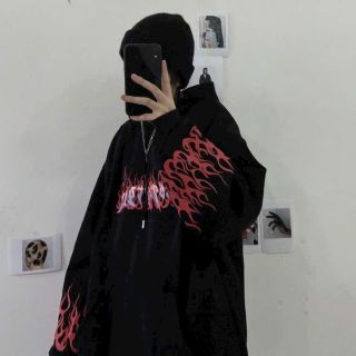 Áo hoodie nỉ nón rộng in hình lửa, form rộng dưới 75kg .