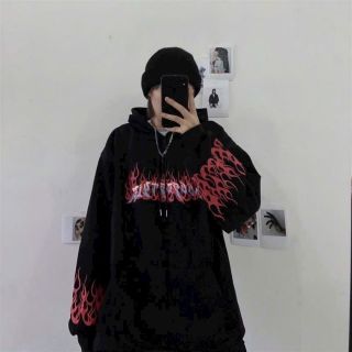 Áo hoodie nỉ nón rộng in hình lửa, form rộng dưới 75kg .