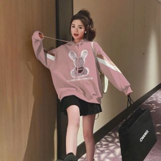 Áo hoodie nỉ in thỏ nón 2 lớp , form rộng dưới 75kg