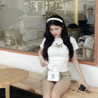 Áo thun baby tee thêu hoa sắc nét, áo croptop cổ phối phong cách Hàn Quốc