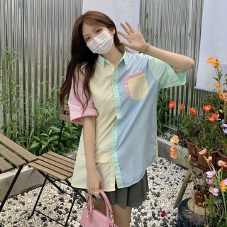 Áo Sơ Mi Tay Ngắn Màu Sắc Đối Lập Phong Cách Hàn Quốc Cho Nữ