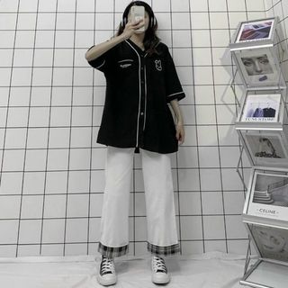 Áo sơ mi sọc viền thêu đầu thỏ kiểu dáng trẻ trung năng động