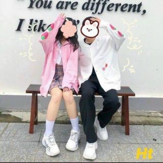 Áo khoác cardigan dâu tây chất thun nỉ dày mịn form dưới 65kg đẹp