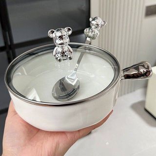 Tô Sứ Nắp Gấu Có Tay Cầm Kèm Muỗng Nĩa Núm Gấu