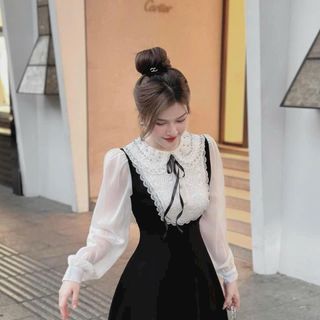 Đầm nhung phối cổ tên đính đá