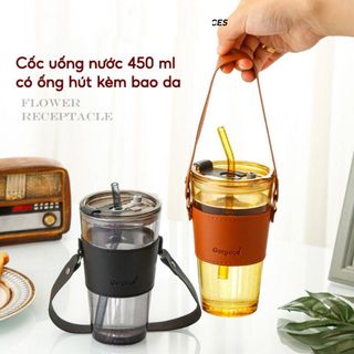 Ly Thủy Tinh Uống Nước Gorgous Có Nắp 450ml Kèm Ống Hút và Quai Xách Bao Da Chịu Nhiệt Nóng Lạnh