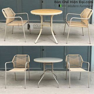 Bộ bàn tròn café nhà hàng mặt gỗ nhựa 2 ghế tựa lưng đan dây đay xếp chồng khung nhôm HCM TE2032-80A CC2031-T giá sỉ