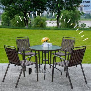 Bộ bàn tròn café sân vườn ngoài trời mặt kính khung chân sắt 4 ghế tựa lưng nhựa có tay vịn HCM TE2020-06G CC2032-T giá sỉ