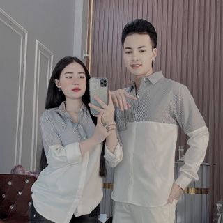 ÁO SƠ MI NAM TAY DÀI, SƠ MI TRẮNG PHỐI SỌC NAM NỮ, CẶP ĐÔI HK