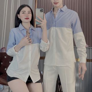 ÁO SƠ MI NAM TAY DÀI, SƠ MI TRẮNG PHỐI SỌC NAM NỮ, CẶP ĐÔI HK