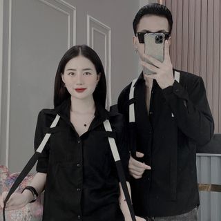 ÁO SƠ MI NAM, ÁO SƠ MI DÀI TAY CẶP ĐÔI TRẮNG ĐEN PHỐI DÂY MỚI