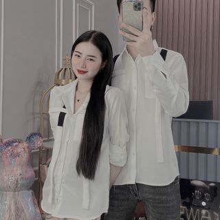 ÁO SƠ MI NAM, ÁO SƠ MI DÀI TAY CẶP ĐÔI TRẮNG ĐEN PHỐI DÂY MỚI