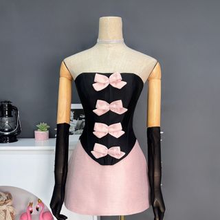 Set áo corset cúp ngực nơ + Chân váy kèm bao tay