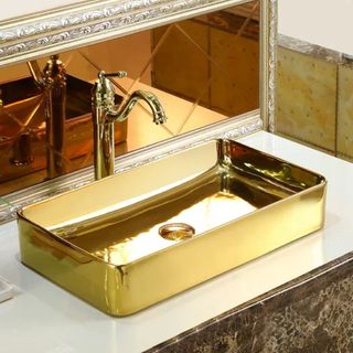 Chậu lavabo mạ vàng kiểu chữ nhật đặt bàn sang trọng có lỗ vòi gắn trên chậu, mã M99S giá sỉ