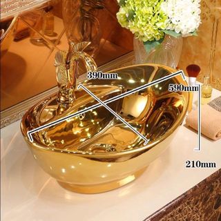 Chậu lavabo mạ vàng kiểu thuyền đặt bàn, có lỗ gắn vòi trên chậu, mã V205E