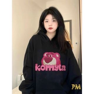 Áo hoodie chất nỉ dày dặn gấu dâu in chữ Komyla, from dưới 70kg