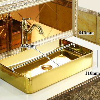 Chậu lavabo mạ vàng kiểu chữ nhật đặt bàn sang trọng có lỗ vòi gắn trên chậu, mã M99S