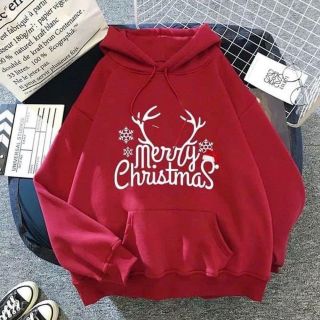 Áo hoodie đỏ Noel Unisex form rộng hoạ tiết merry christmas, chất nỉ bông mềm mịn mát. giá sỉ - giá bán buôn