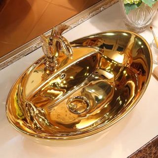 Chậu lavabo mạ vàng kiểu thuyền đặt bàn, có lỗ gắn vòi trên chậu, mã V205E
