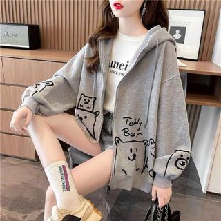 ÁO KHOÁC NỈ NỮ CHẤT LIỆU VẢI CỰC KÌ MỀM MỊN FORM RỘNG BAO ĐẸP IN THEO HỌA TIẾT HÌNH GẤU TEDDY BEAR KHÓA KÉO CÓ NÓN BAO NGẦU HÀNG HOT TREND-HTM FASHION