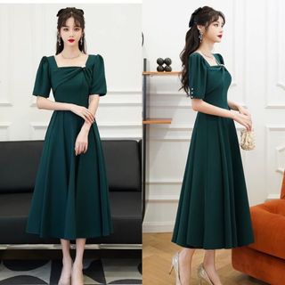 ĐẦM XÒE XANH RÊU ĐÍNH HẠT CỔ VUÔNG - DT1785