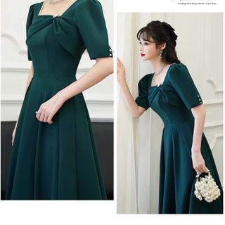 ĐẦM XÒE XANH RÊU ĐÍNH HẠT CỔ VUÔNG -HUYỀN XMĐT
