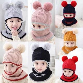 Mũ len trùm đầu cho bé có khăn choàng ngang cổ ấm áp