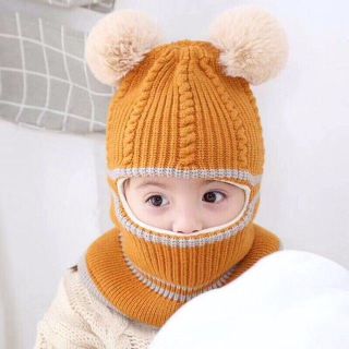 Mũ len trùm đầu cho bé có khăn choàng ngang cổ ấm áp