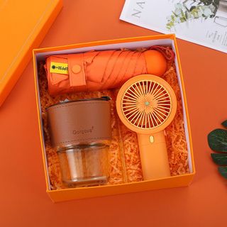 Bộ quà tặng 3 món (quạt cầm tay + ly thủy tinh + dù cầm tay)