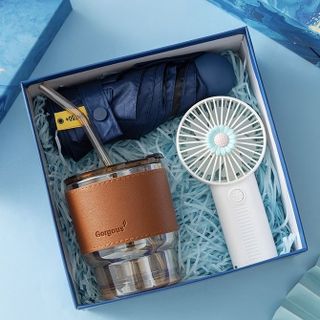 Bộ quà tặng 3 món (quạt cầm tay + ly thủy tinh + dù cầm tay)