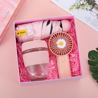 Bộ quà tặng 3 món (quạt cầm tay + ly thủy tinh + dù cầm tay)