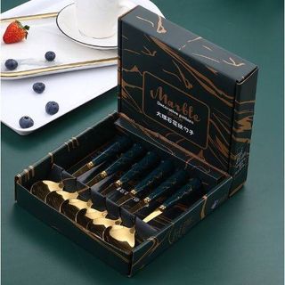 Bộ 6 Muỗng Inox Vân Đá Tráng Vàng Cán Muỗng Xanh
