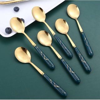Bộ 6 Muỗng Inox Vân Đá Tráng Vàng Cán Muỗng Xanh