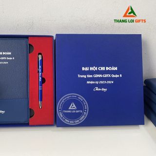 Giftset Combo Quà Tặng Sổ Tay Dán Gáy & Bút Ký Màu Xanh In Theo Yêu Cầu