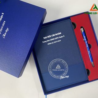 Giftset Combo Quà Tặng Sổ Tay Dán Gáy & Bút Ký Màu Xanh In Theo Yêu Cầu