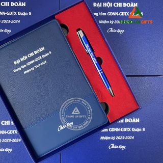 Giftset Combo Quà Tặng Sổ Tay Dán Gáy & Bút Ký Màu Xanh In Theo Yêu Cầu