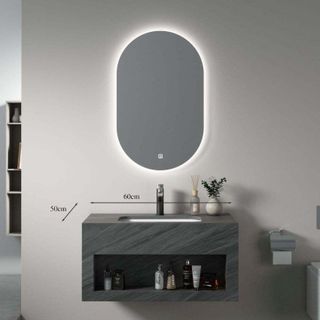 Bộ tủ lavabo treo tường bằng đá, 1 tấm có kèm theo gương led kích thước dài 80x50 hoặc 60x45 để lựa chọn