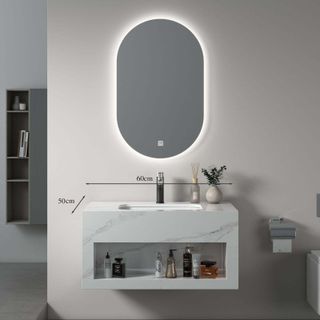 Bộ tủ lavabo treo tường bằng đá, 1 tấm có kèm theo gương led kích thước dài 80x50 hoặc 60x45 để lựa chọn
