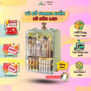 Tủ đựng mỹ phẩm,kệ đựng mỹ phẩm kèm đèn LED Pinewoods và gương cao cấp có nắp, nhựa ABS cửa trong suốt chống bụi để bàn