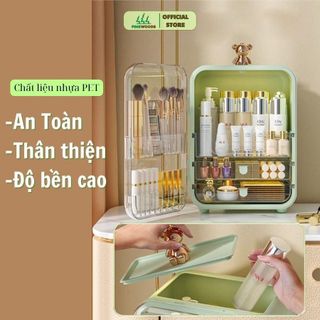 Tủ đựng mỹ phẩm,kệ đựng mỹ phẩm kèm đèn LED Pinewoods và gương cao cấp có nắp, nhựa ABS cửa trong suốt chống bụi để bàn