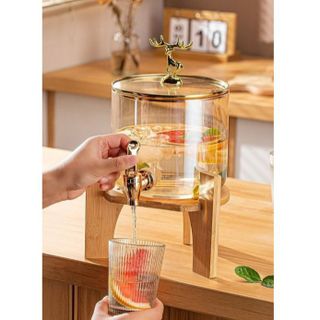 BÌNH ĐỰNG NƯỚC CÓ VÒI KÈM KỆ GỖ TRE, BÌNH HƯƠU VÀNG DECOR BOROSILICATE 3,5L LÍT NẮP INOX VÀNG CTB321 - BECHIP