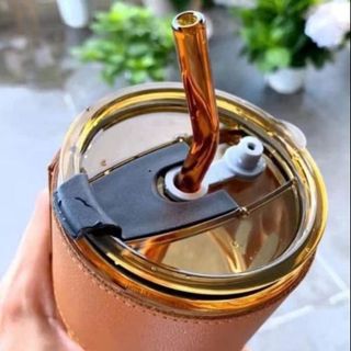 CỐC THỦY TINH MÀU HỔ PHÁCH BỌC DA CAO CẤP 450ML KÈM ỐNG HÚT CTB183 - BECHIP