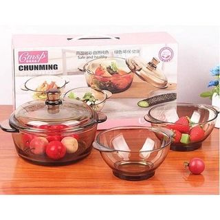 BỘ 3 NỒI VÀ CHÉN BÁT THỦY TINH TRONG SUỐT CHỊU NHIỆT CHUNMING - Bộ tô chén thuỷ tinh decor bàn ăn/ CÓ SỈ