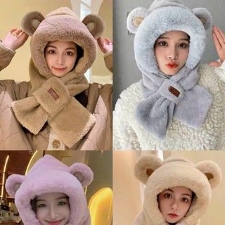 Mũ Lông Kèm Khăn Vắt Chéo Nón Trùm Đầu Tai