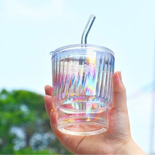 🍀 LY THUỶ TINH CẦU VỒNG KÈM ỐNG HÚT 🍀 Nắp chống tràn, Thủy tinh dày dặn (400ml)